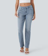 Halara Flex™ Low Rise Zipper Pockets Washed Casual Bootcut Jeans - Blue Spruce Denim