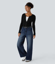 Halara Flex™ Low Rise Zipper Pockets Washed Baggy Wide Leg Casual Jeans - Distressed Denim Dark Blue