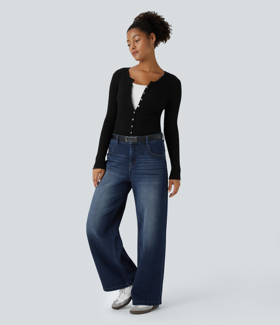 Halara Flex™ Low Rise Zipper Pockets Washed Baggy Wide Leg Casual Jeans - Distressed Denim Dark Blue