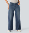 Halara Flex™ Low Rise Zipper Pockets Washed Baggy Wide Leg Casual Jeans - Cedar Blue Denim