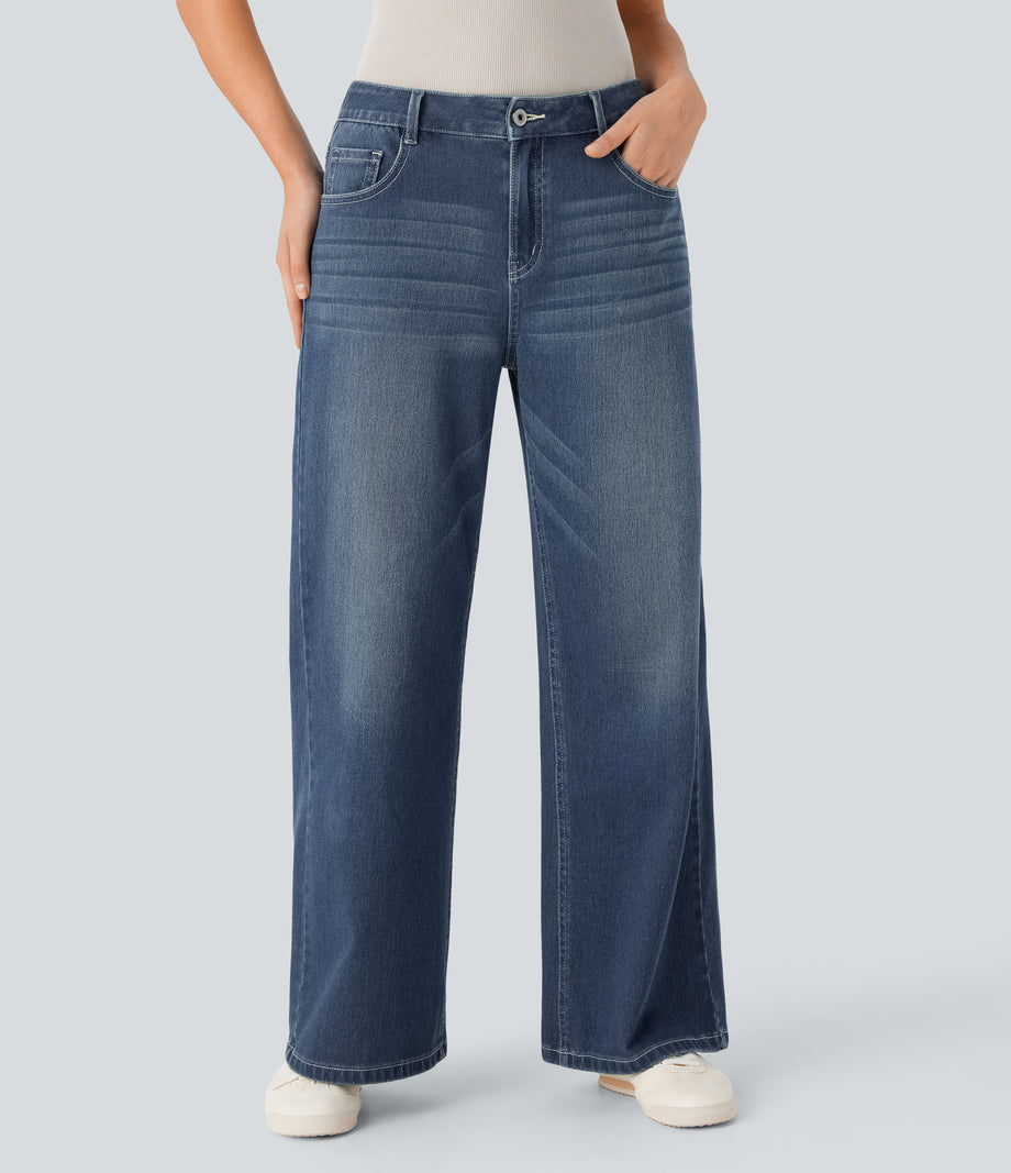 Halara Flex™ Low Rise Zipper Pockets Washed Baggy Wide Leg Casual Jeans - Cedar Blue Denim