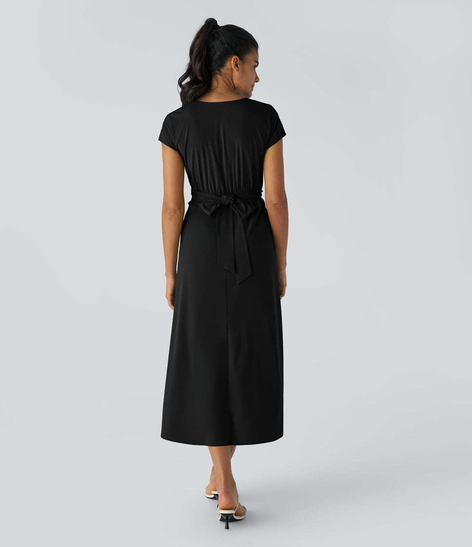 Breezeful™ V Neck Short Sleeve Pocket Tie Back Quick Dry Midi Casual Dress-Longer Length - Black