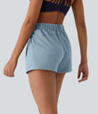 High Waisted Elastic Waistband Drawstring Pleated Yoga Shorts 3" with Pockets - Dusty Blue