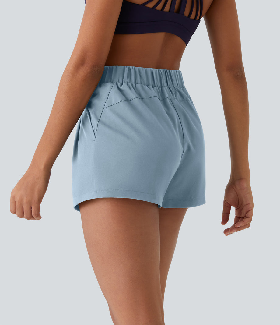 High Waisted Elastic Waistband Drawstring Pleated Yoga Shorts 3" with Pockets - Dusty Blue