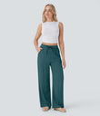 High Waisted Drawstring Pocket Wide Leg Baggy Casual Linen-Feel Pants - Atlantic Deep