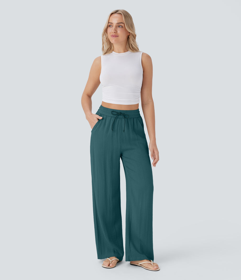 High Waisted Drawstring Pocket Wide Leg Baggy Casual Linen-Feel Pants - Atlantic Deep