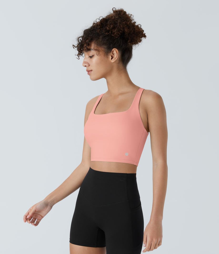SoftlyZero™ Airy Square Neck Backless Crisscross Cropped Cool Touch Yoga Tank Top-UPF50+ - Peach Melba