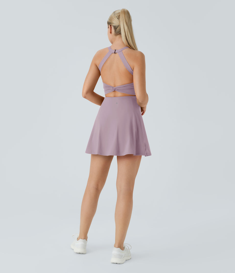 Backless Twisted Active Dress - Pink Purple
