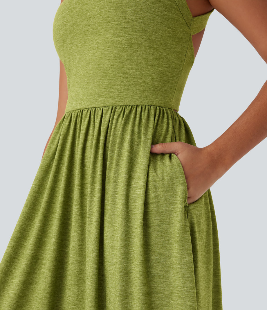 Twisted Backless Split Flowy Maxi Resort Dress with Pockets - Soft Meadow Green