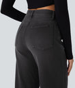 Halara Flex™ High Waisted Pockets Rolled Hem Wide Leg Washed Casual Jeans - Deep Ink Black Denim