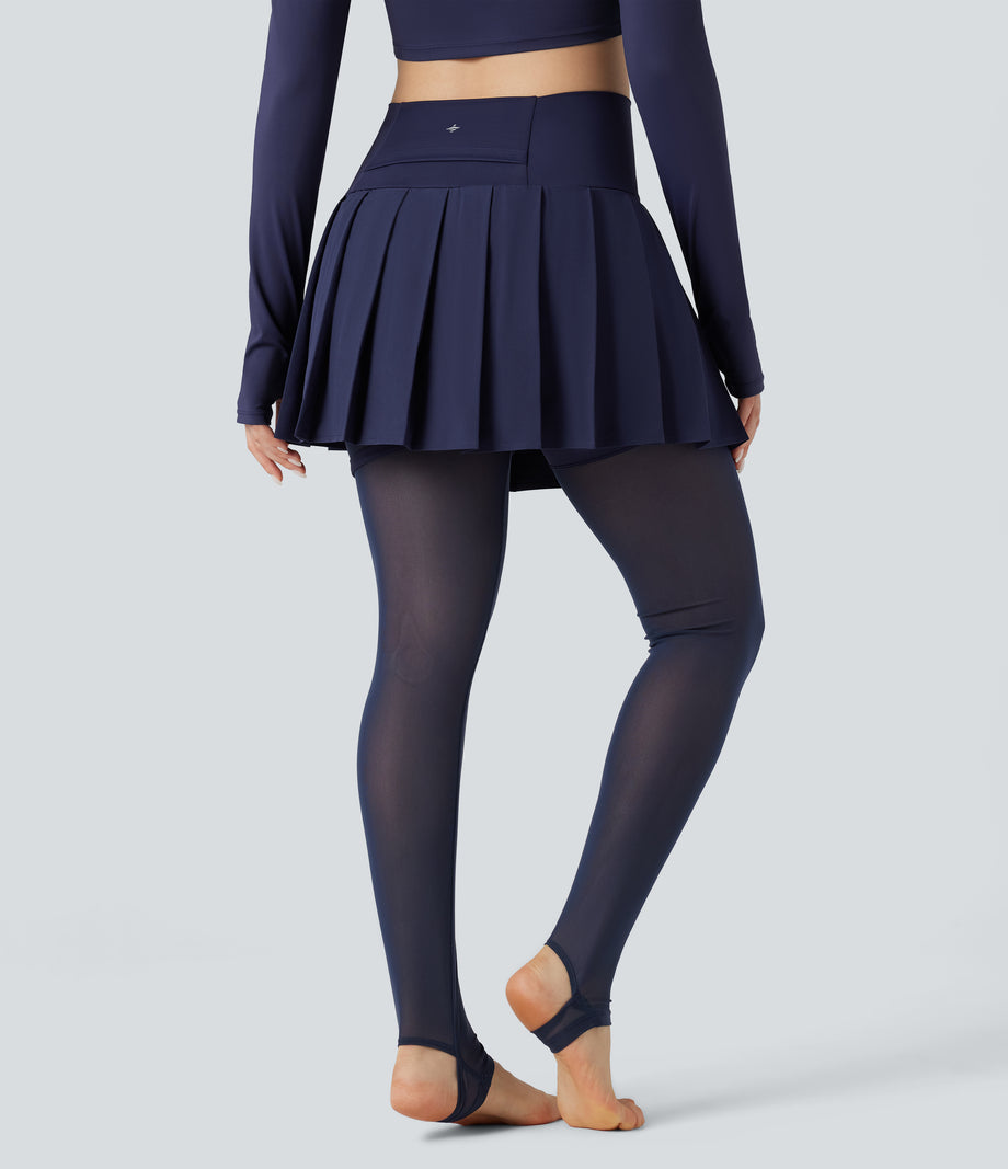 Breezeful™ High Waisted Pleated 2-in-1 Contrast Mesh Quick Dry Dance Stirrup Skirted Leggings with Pockets - Patriot Blue