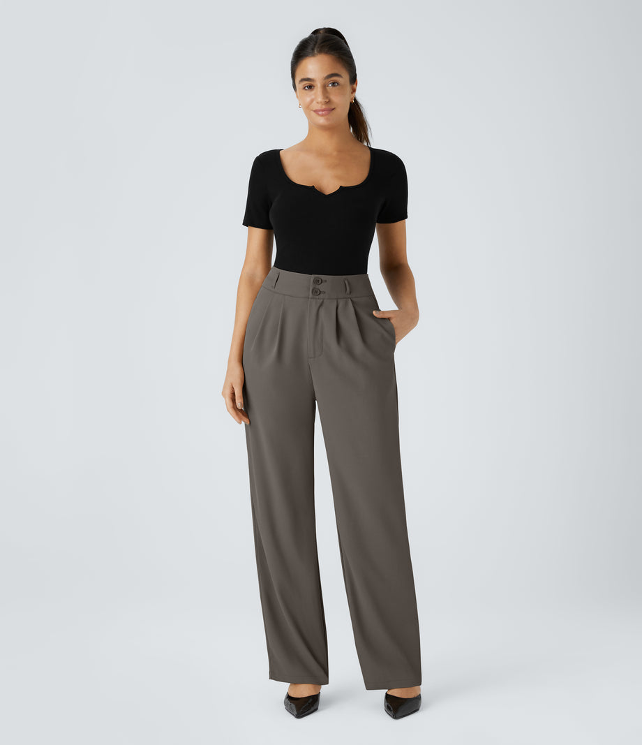Halara Flex™ High Waisted Zipper Pocket Shirred Straight Leg Work Pants - Lead Grey