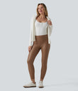 High Waisted Tummy Control Stretchy PU Fleece 7/8 Skinny Casual Leggings with Pockets - Argan Oil