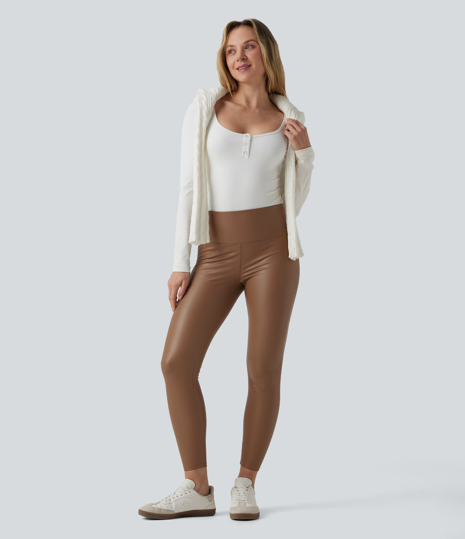 High Waisted Tummy Control Stretchy PU Fleece 7/8 Skinny Casual Leggings with Pockets - Argan Oil