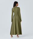 Mock-neck Long Sleeve Pocket Flare Maxi Casual Dress - Capulet Olive
