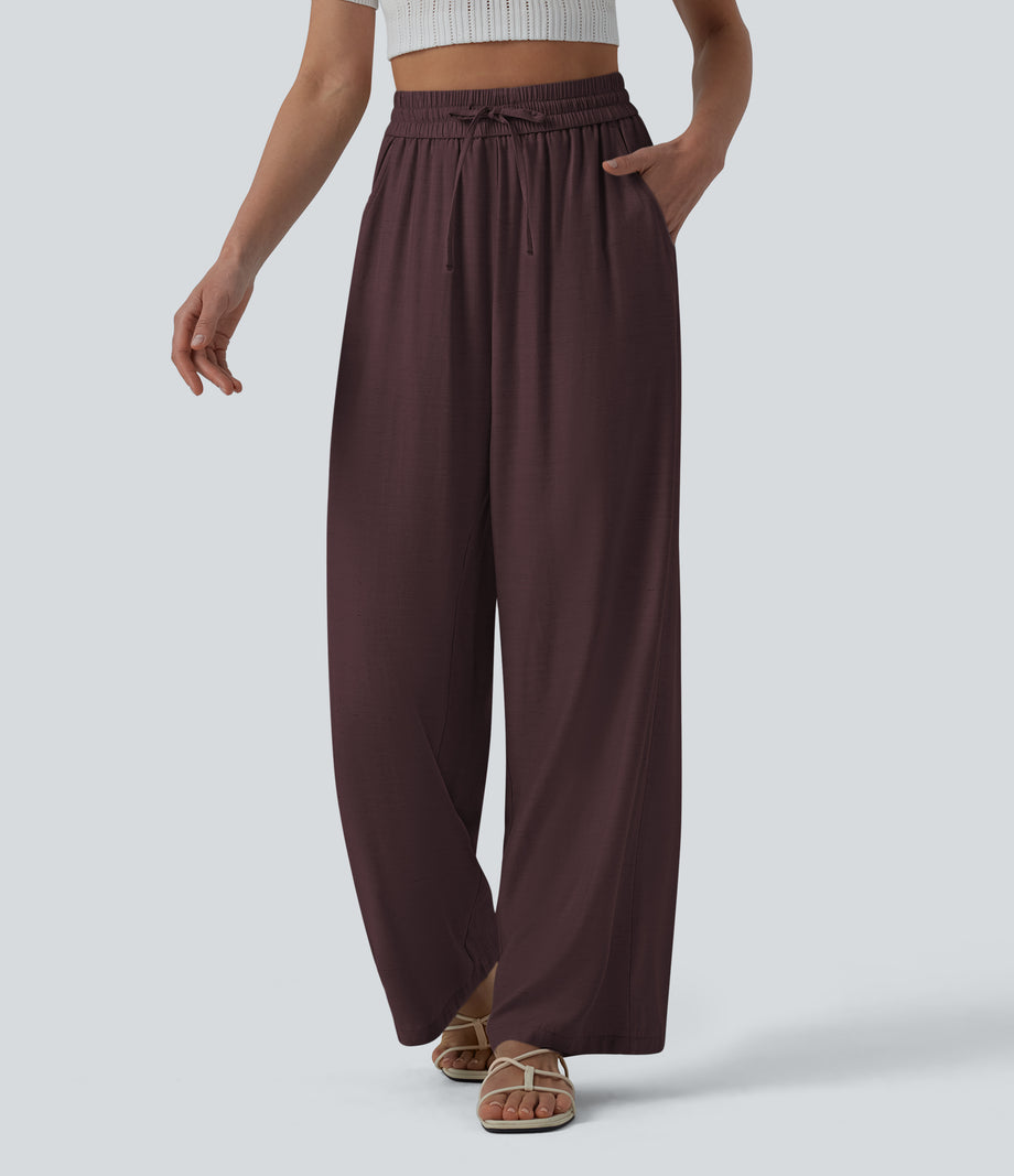 High Waisted Drawstring Wide Leg Casual Linen-Blend Pants with Pockets - Red Mahogany