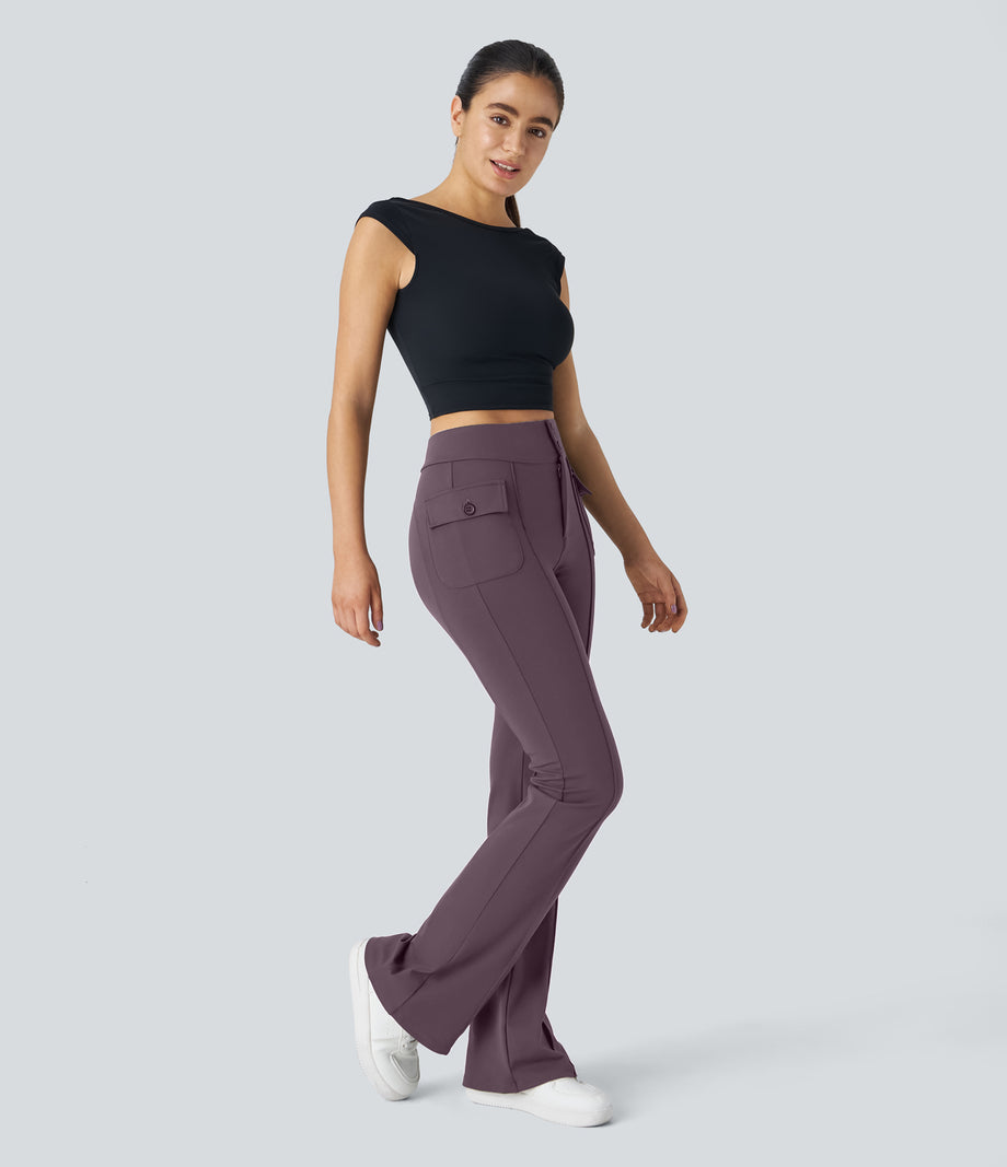 High Waisted Side Flap Pocket Flare Casual Cargo Pants - Dusky Evening purple