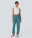 Crossover High Waisted Pocket Drawstring Casual Joggers - Stone Green Floral Yarn