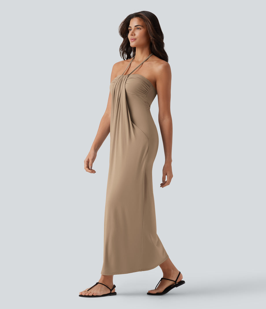 Halter Tie Back Maxi Dress with Pockets - Whisper White