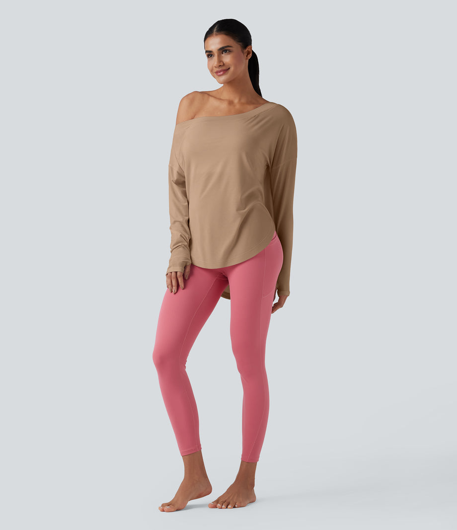 One Shoulder Long Sleeve Thumb Hole Curved Hem High Low Quick Dry Yoga Sports Top-Built-in Bra - Praline