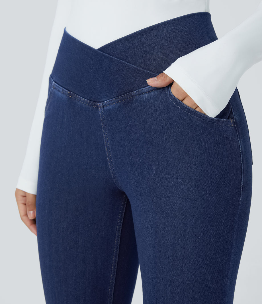 Halara Flex™ High Waisted Crossover Pocket Cool Touch Washed Casual Jeans - Gloomy Blue Denim