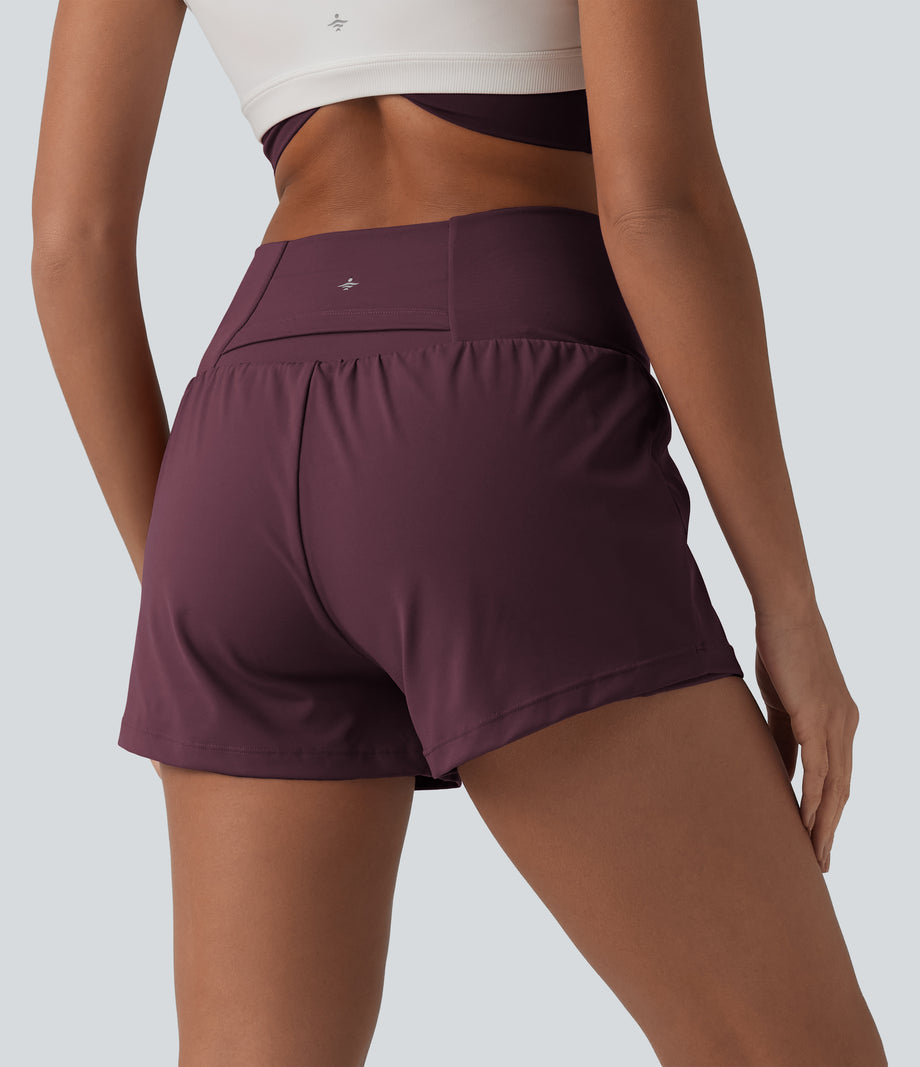 SoftlyZero™ Airy Crossover High Waisted 2-in-1 Cool Touch Yoga Shorts 3'' with Pockets - Fig