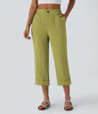 High Waisted Zipper Pocket Cropped Linen-Feel Pants - Moss
