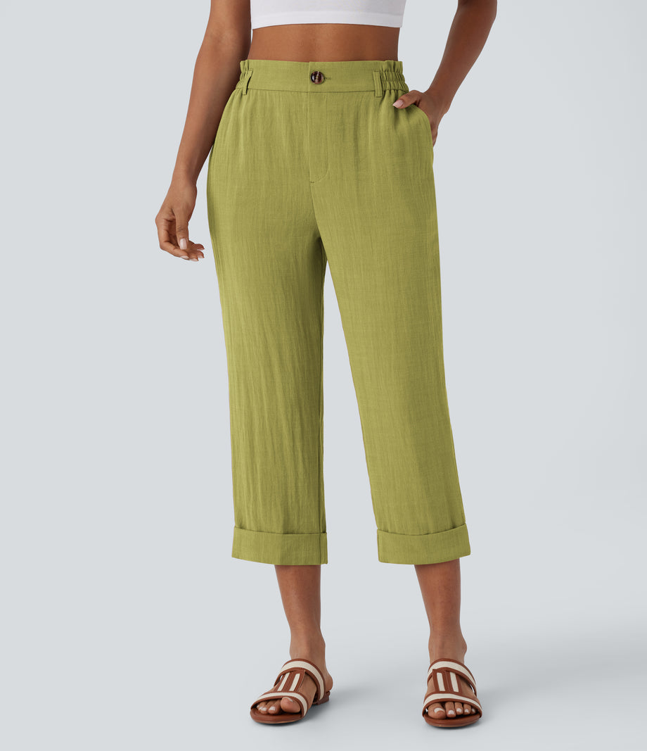 High Waisted Zipper Pocket Cropped Linen-Feel Pants - Moss