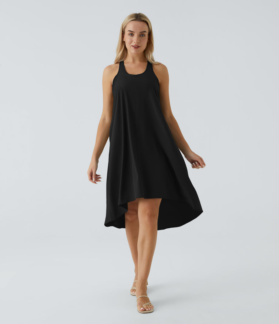 Breezeful™ Backless Racerback Side Pocket High Low Flowy Midi Quick Dry Casual Dress - Black