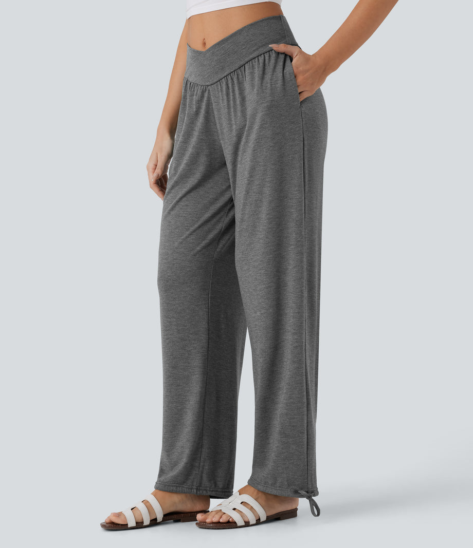 Crossover High Waisted Pocket Drawstring Casual Joggers - Darl Gray Floral Yarn