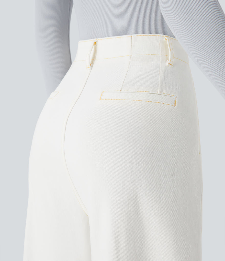 Halara Flex™ High Waisted Pockets Washed Casual Wide Leg Jeans - Beige Denim