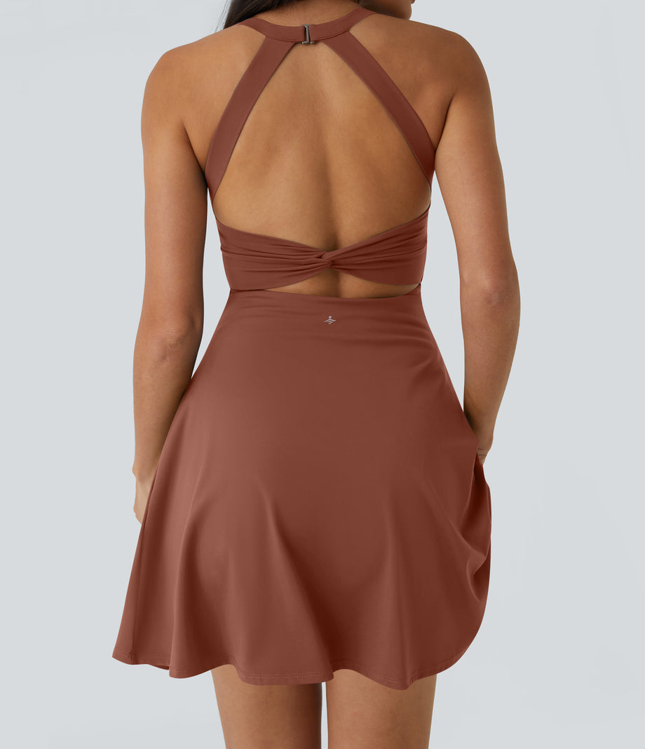 SoftlyZero™ Airy Backless Twisted Flare Low Support Dance Active Dress-Longer Length-Easy Peezy Edition A-D Cups - Sequoia