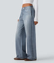 Mid Rise Denim Print French Terry Casual Sweatpants Jeans with Pockets - Light Ocean Denim