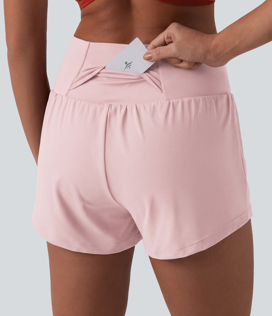 SoftlyZero™ Airy Crossover High Waisted 2-in-1 Cool Touch Yoga Shorts 3'' with Pockets - Primrose Pink