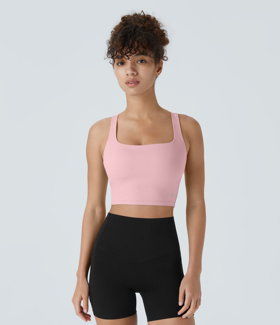 SoftlyZero™ Airy Square Neck Backless Crisscross Cropped Cool Touch Yoga Tank Top-UPF50+ - Primrose Pink