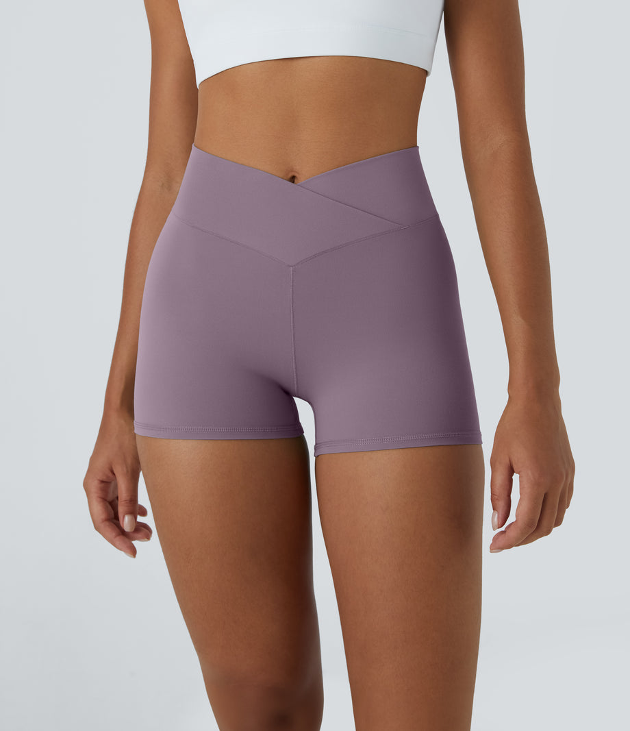 SoftlyZero™ High Waisted Crossover Plain Yoga Biker Shorts 3''-UPF50+ - Cinnabar Purple