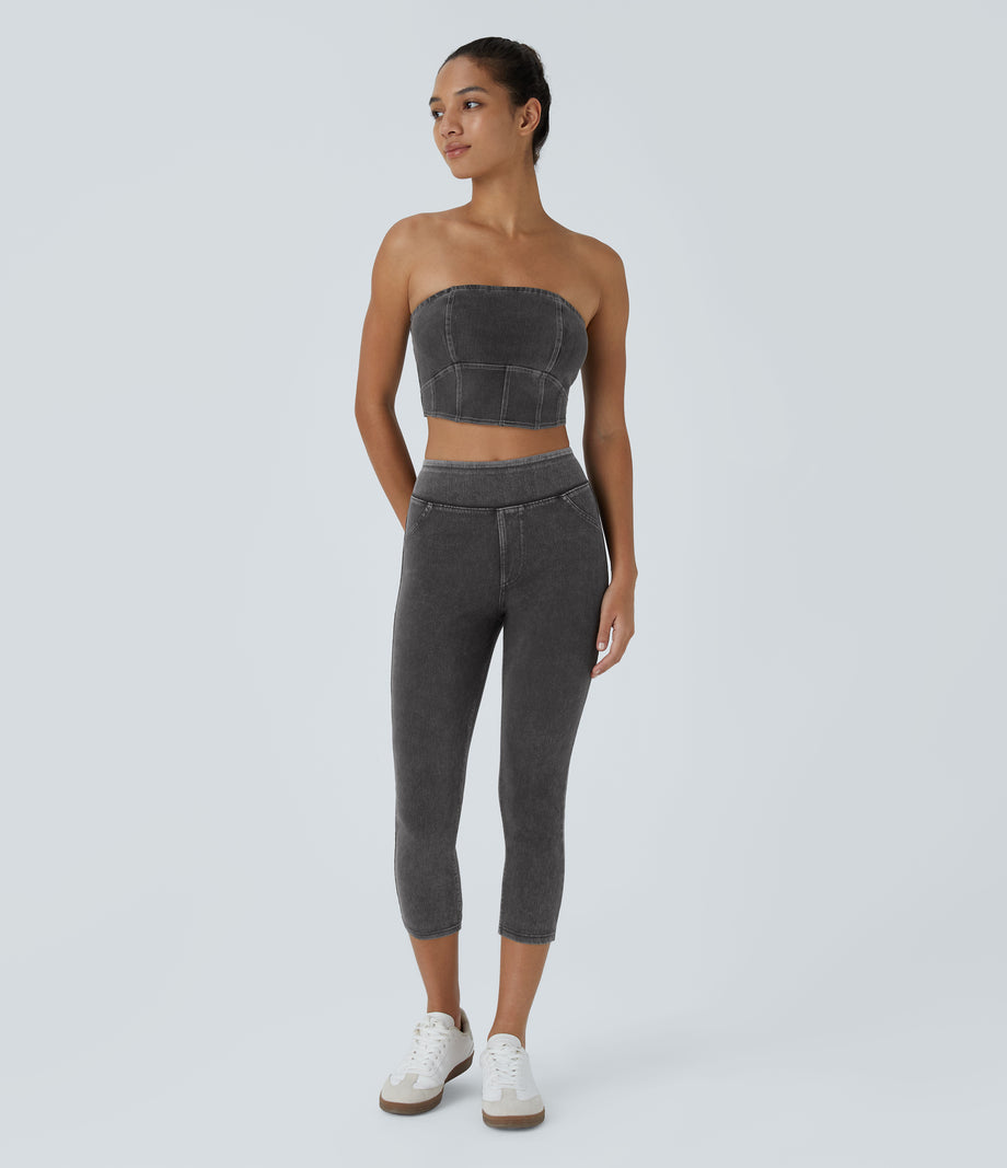Halara Flex™ High Waisted Pocket Denim Capri Casual Leggings - Hemp Rope Black Denim