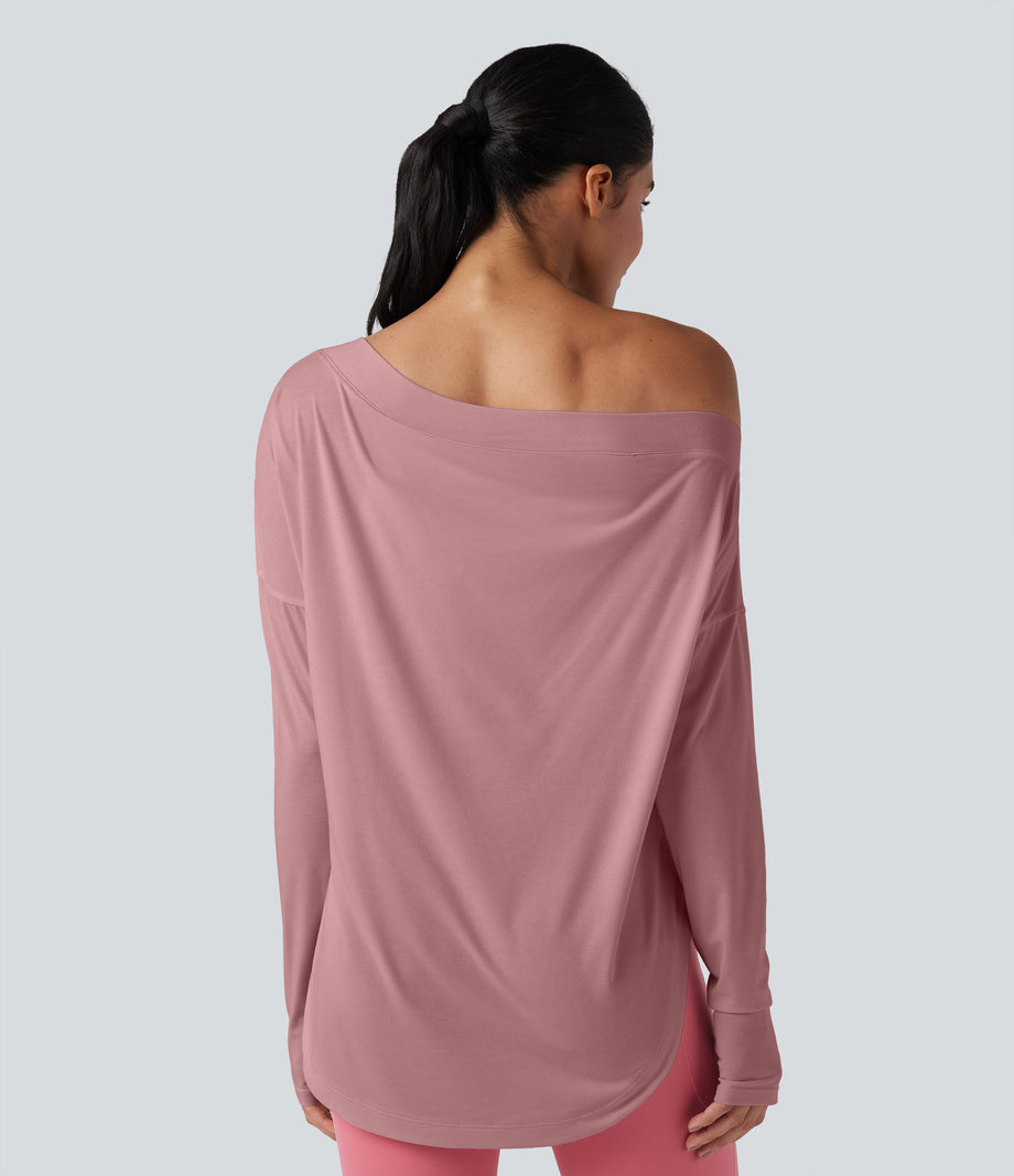 One Shoulder Long Sleeve Thumb Hole Curved Hem High Low Quick Dry Yoga Sports Top-Built-in Bra - Soft Berry