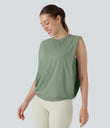 Round Neck Ruched Cool Touch Yoga Tank Top-UPF50+ - Hedge Green
