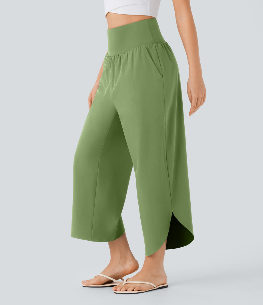 Breezeful™ High Waisted Tummy Control Split Hem Quick Dry Resort Pants with Pockets - Hot Wasabi - Green