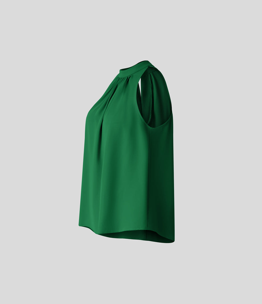 Keyhole Back Halter Sleeveless Curved Hem Work Blouse - Abundant Green