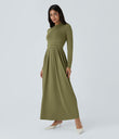 Mock-neck Long Sleeve Pocket Flare Maxi Casual Dress - Capulet Olive