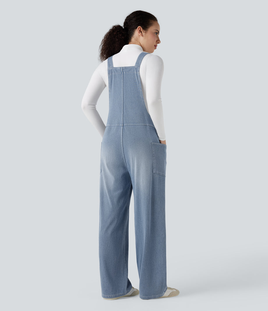 Halara Flex™ V Neck Pocket Washed Denim Casual Overalls -  Blue Jasper Denim