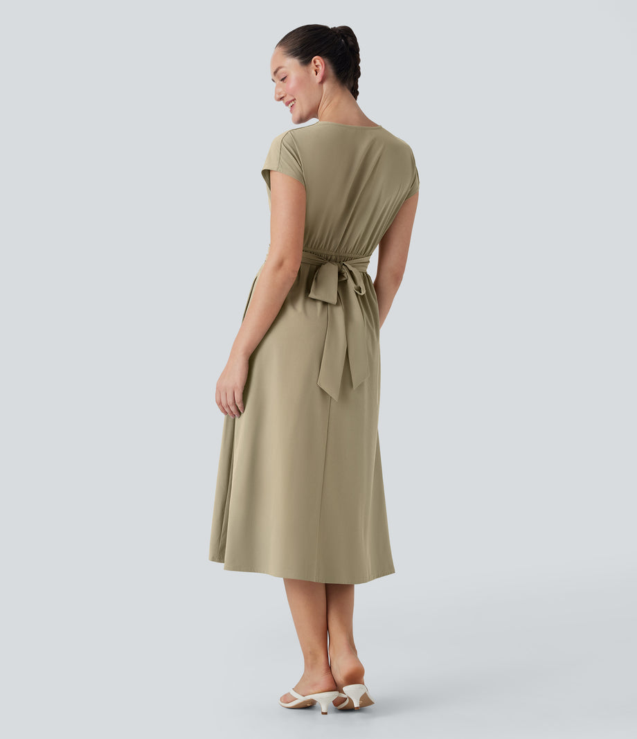 Breezeful™ V Neck Short Sleeve Pocket Tie Back Quick Dry Midi Casual Dress - Fields of Rye