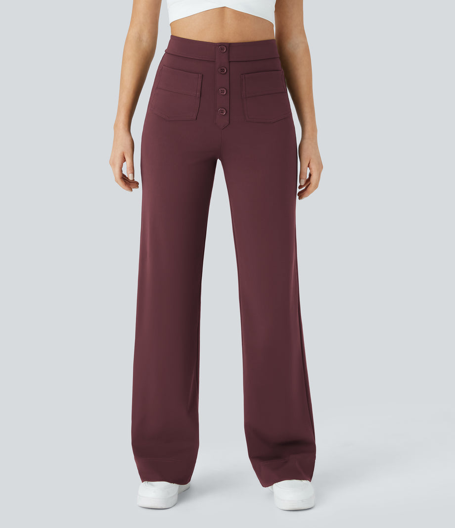 DayStretch High Waisted Pockets Straight Leg Casual Pants - Red Mahogany