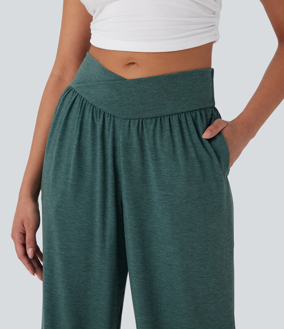 Crossover High Waisted Pocket Drawstring Casual Joggers - Jade Green Floral Yarn