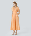 Breezeful™ V Neck Short Sleeve Pocket Tie Back Quick Dry Midi Casual Dress-Longer Length - Peach Orange