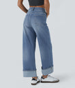 Halara Flex™ High Waisted Pockets Rolled Hem Wide Leg Washed Casual Jeans - Cedar Blue Denim