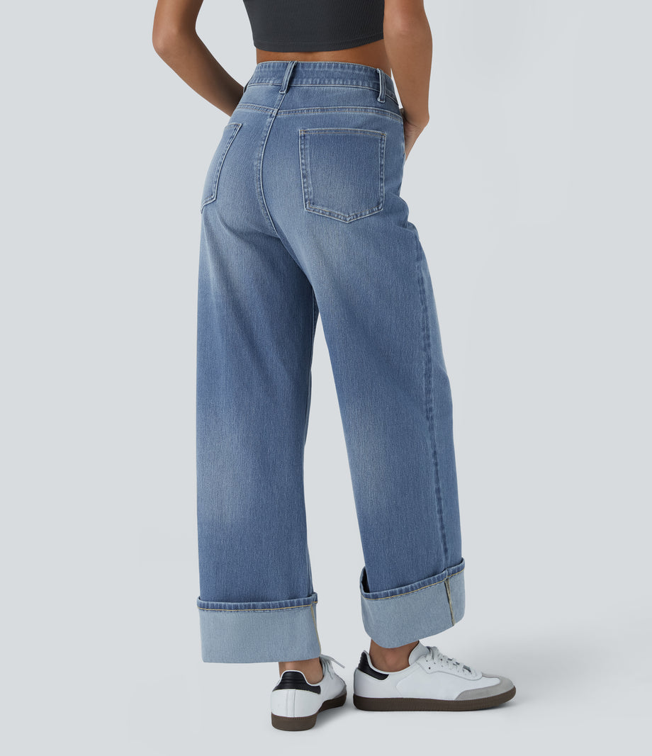 Halara Flex™ High Waisted Pockets Rolled Hem Wide Leg Washed Casual Jeans - Cedar Blue Denim