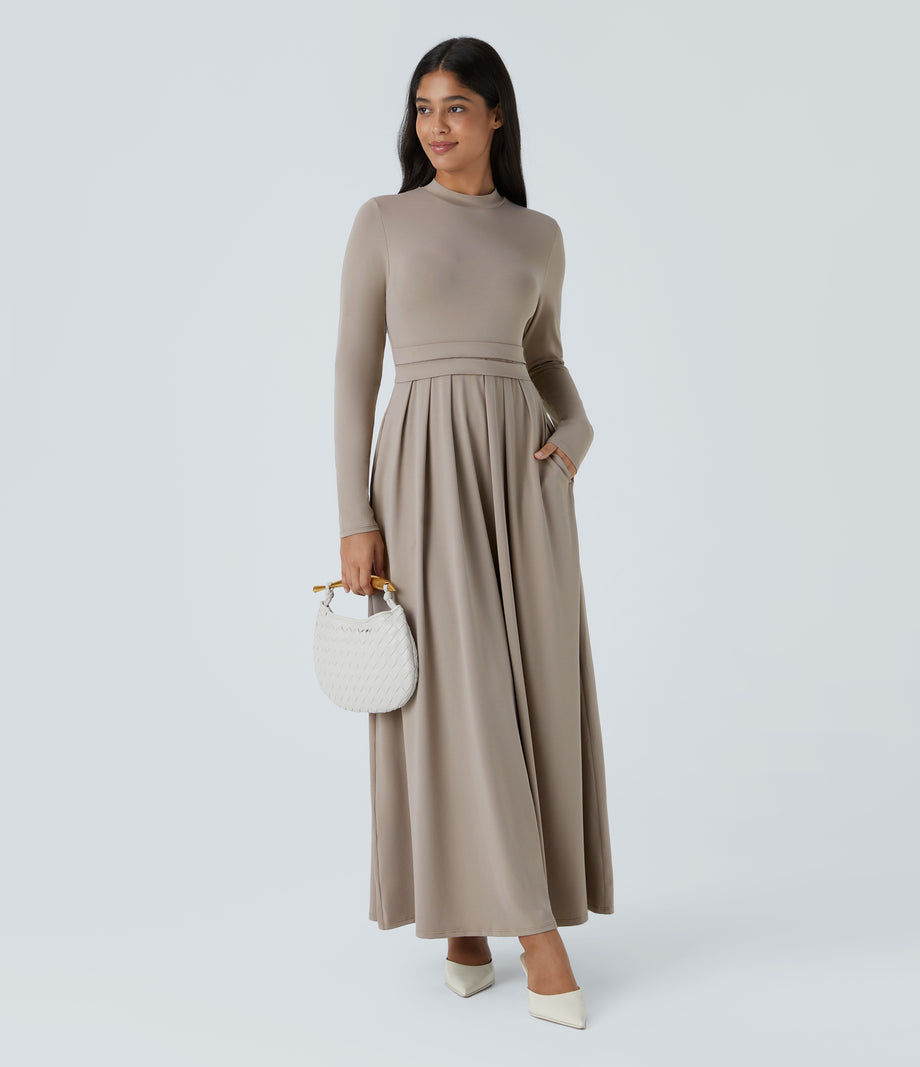 Mock-neck Long Sleeve Pocket Flare Maxi Casual Dress - Weathered Teak